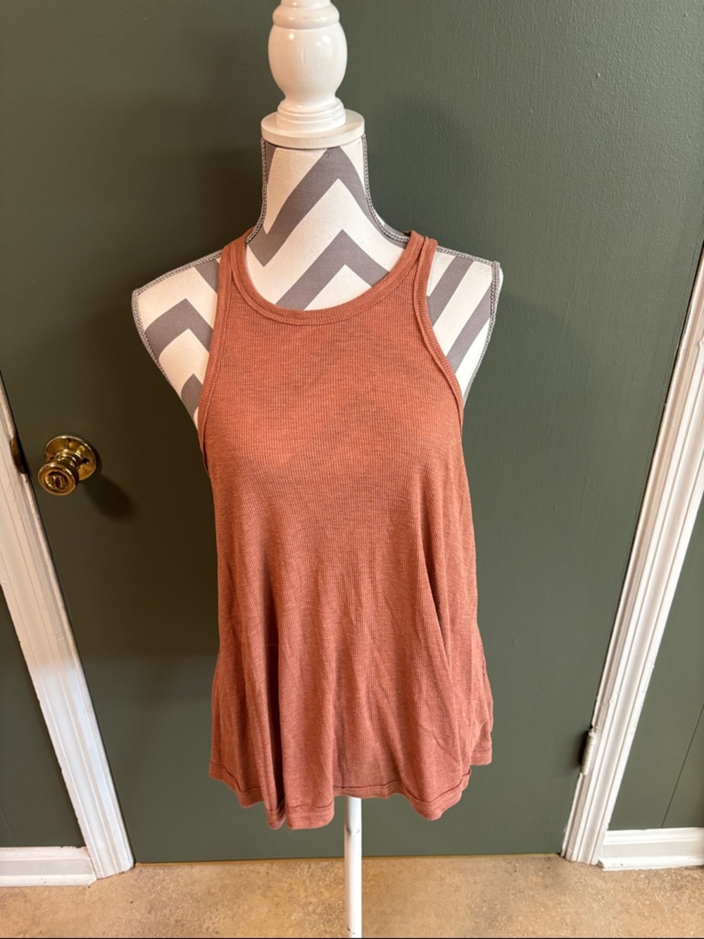 Sleeveless Ribbed Tank Top in Rust - Flowy Scoop Neck